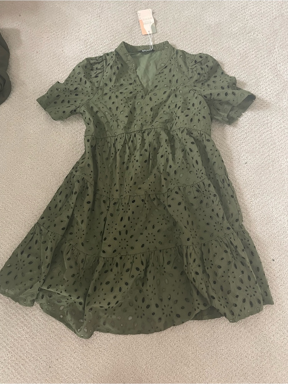 Girls Olive Eyelet Tiered V-Neck Dress